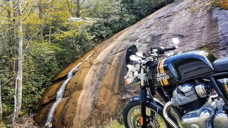 A Royal Enfield motorcycle near Bald Rock