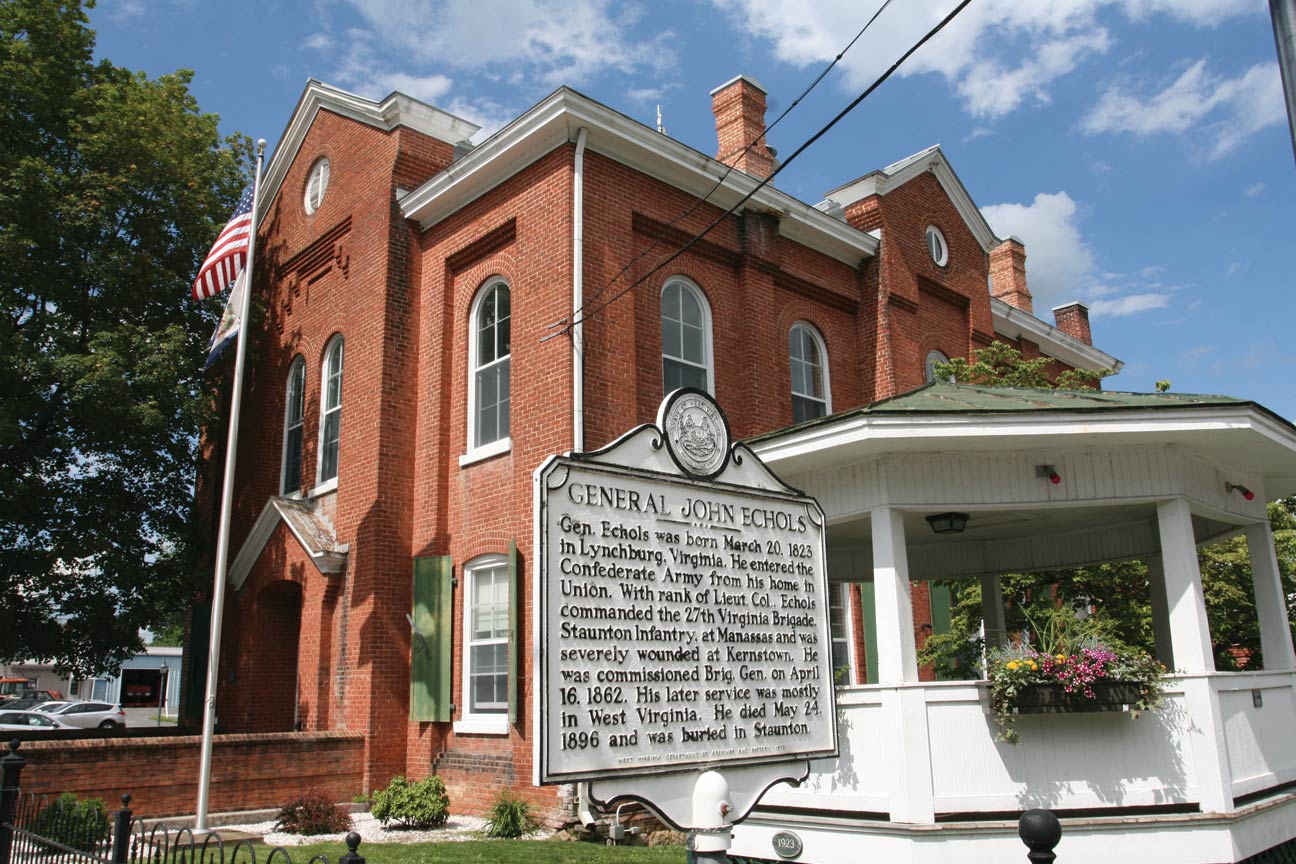 Front view of a historic brick courthouse