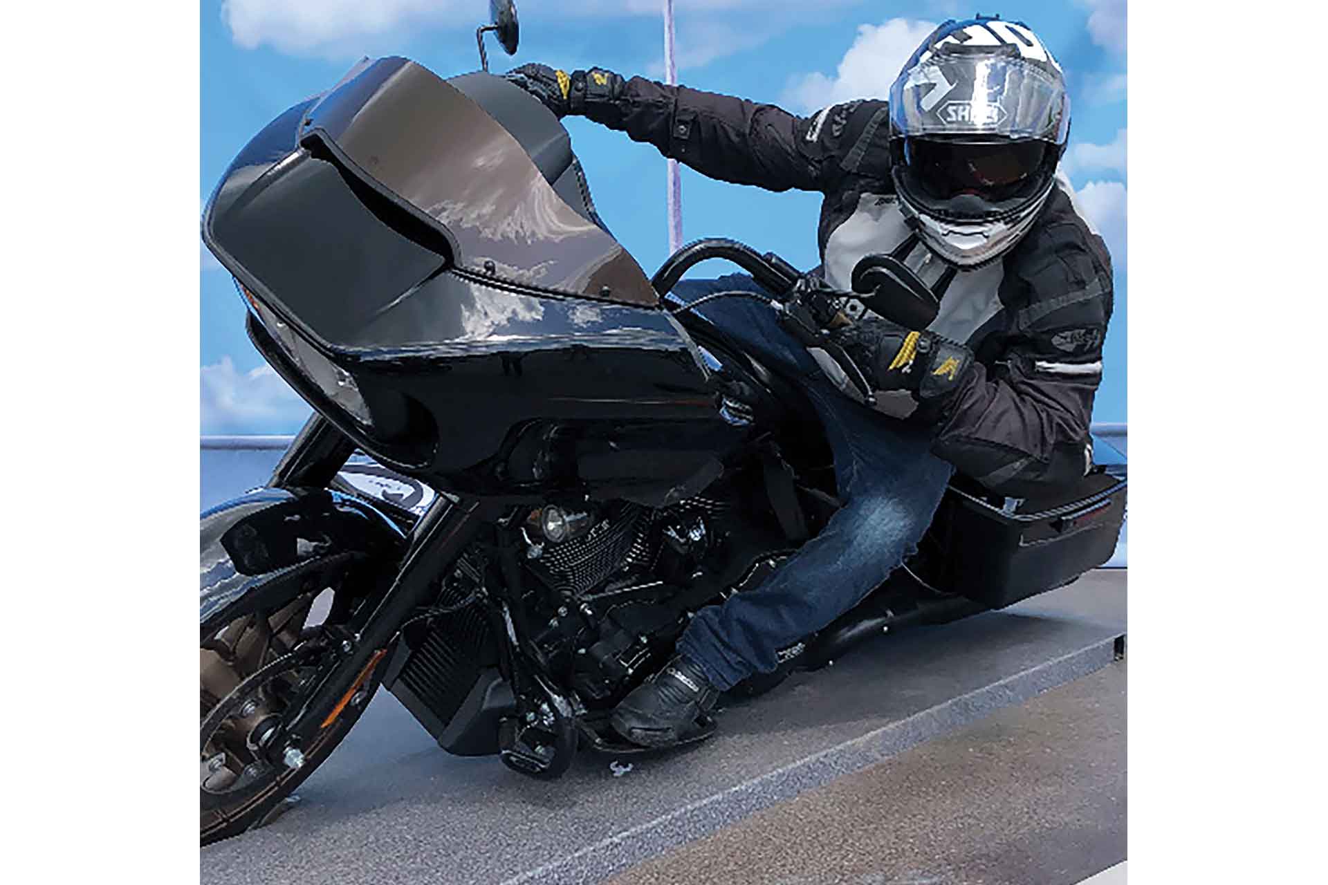 A rider on a motorcycle simulator.