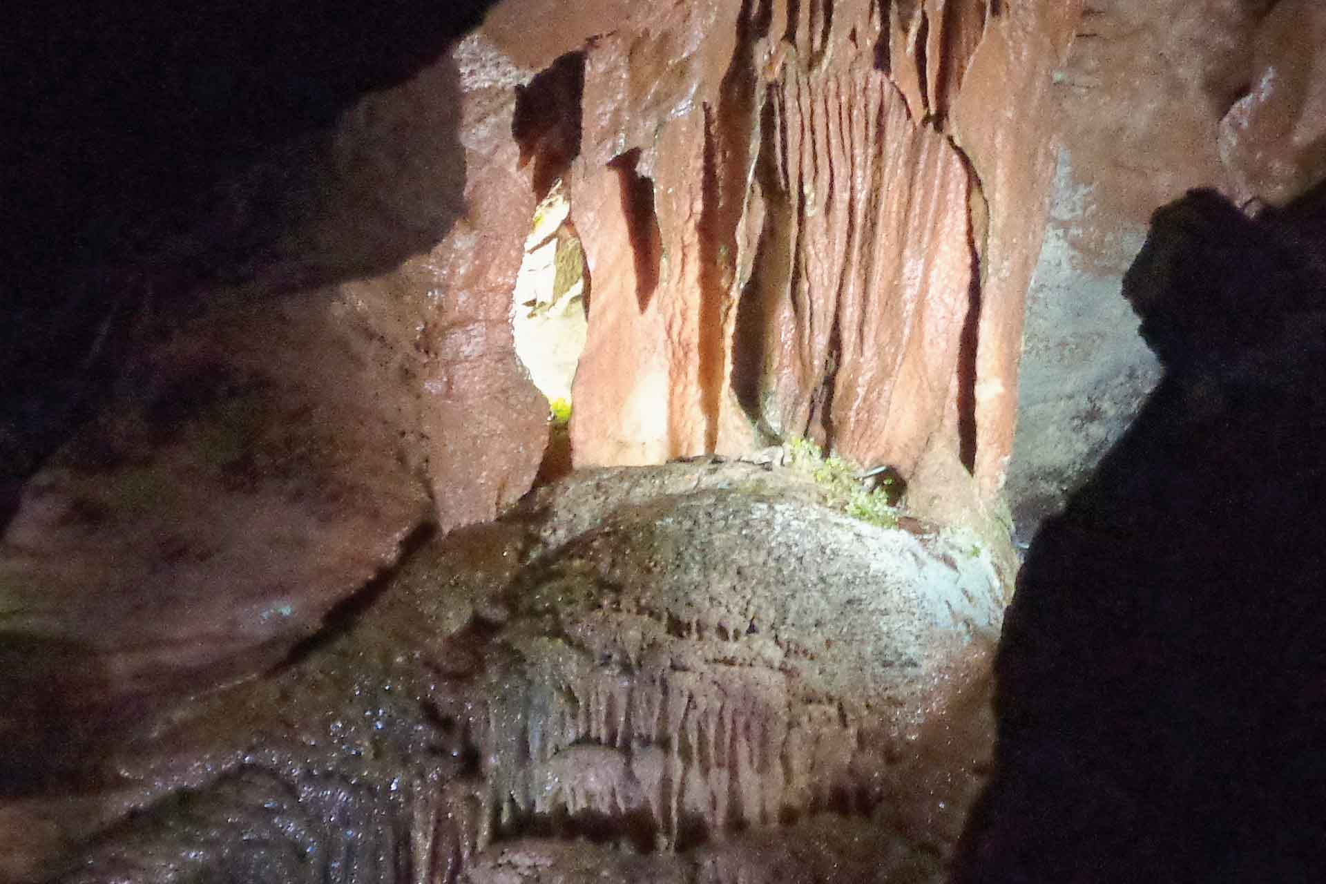 A closeup shot of stalactites inside a cavern.