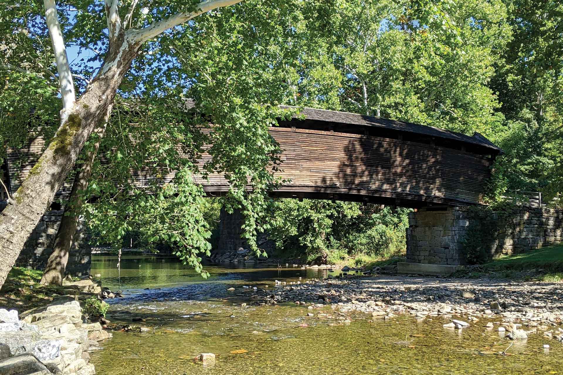 A covered bridge sits amid leafy green foliage