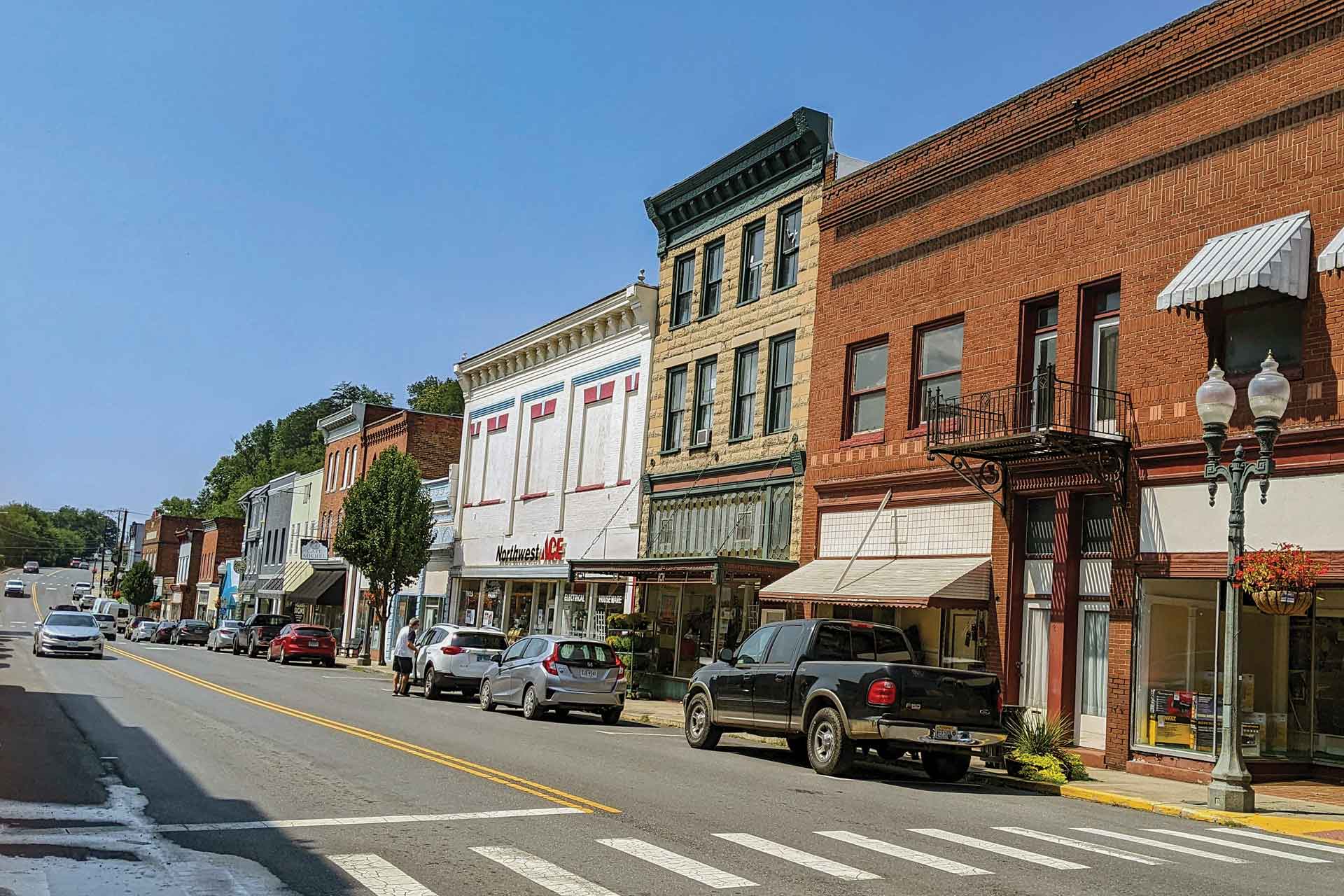 A historic downtown district with ornate brick buildings