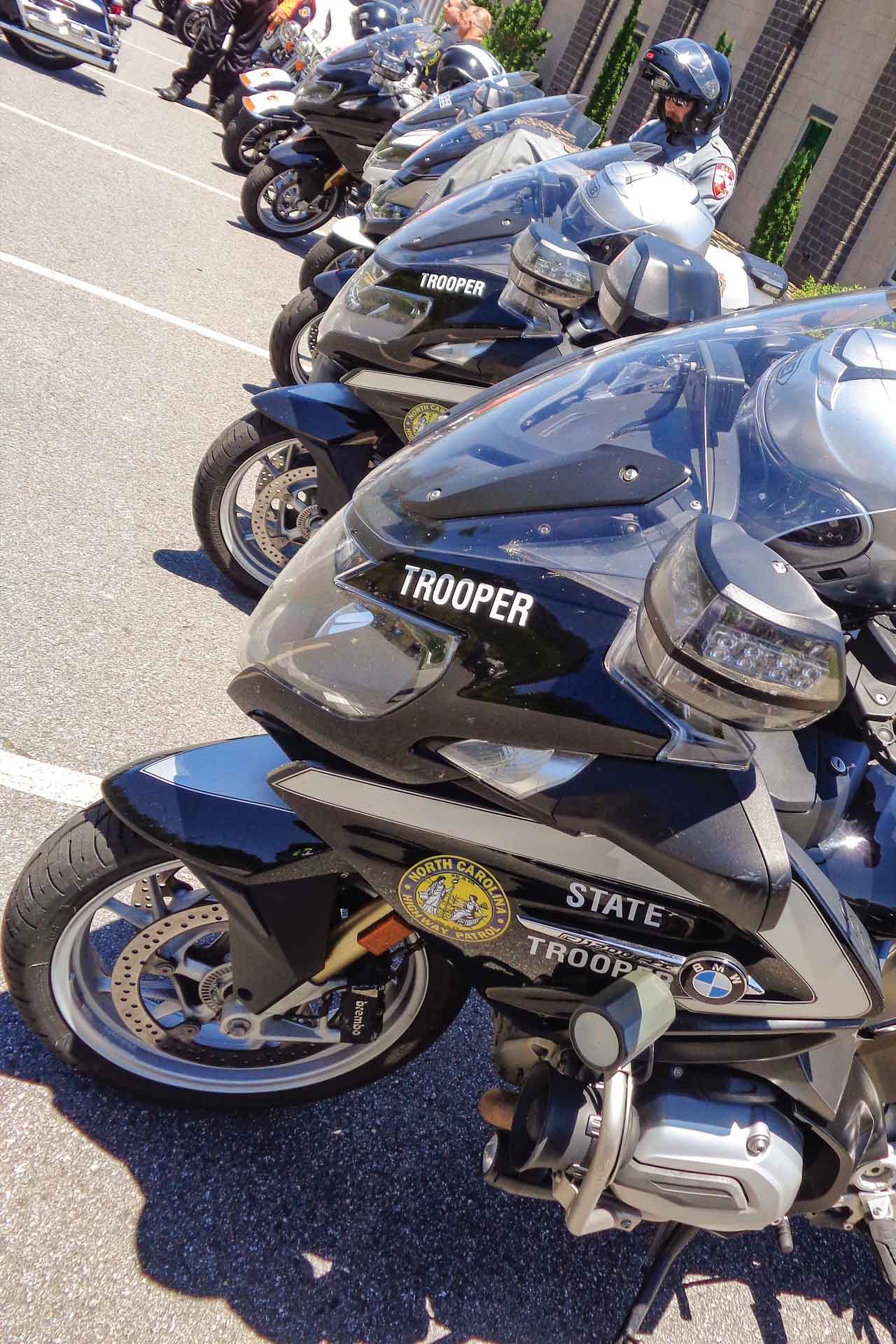 A lineup of North Carolina State Patrol BMW motorcycles